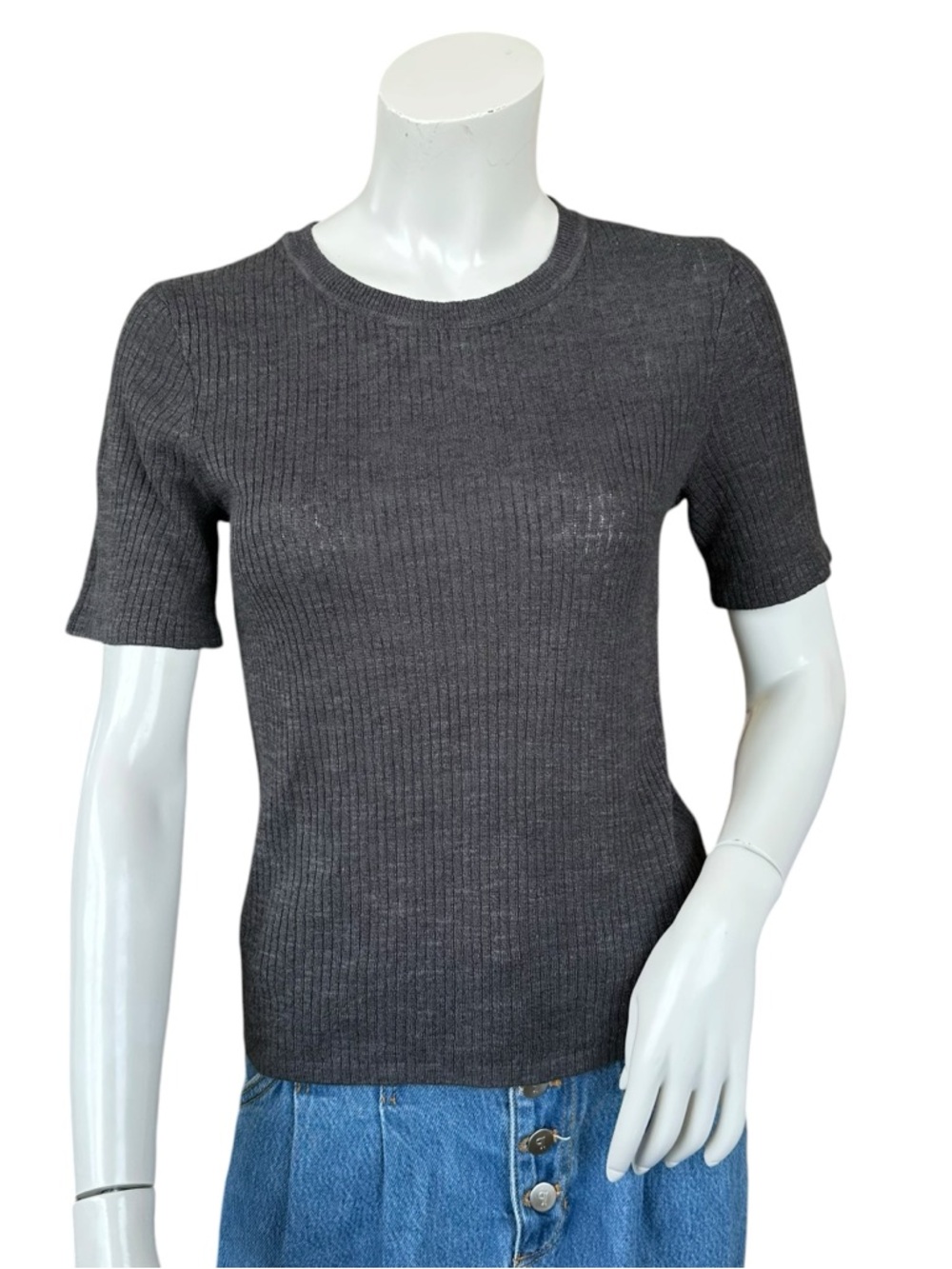 Faherty Dark Gray Ribbed Linen Cotton Blend Ribbed Short Sleeve Blouse Small